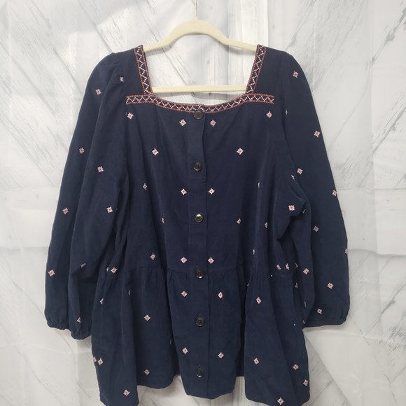 Madewell Navy Corduroy Embroidered Button Up Peasant Blouse Size 2X - Picture 8 of 14